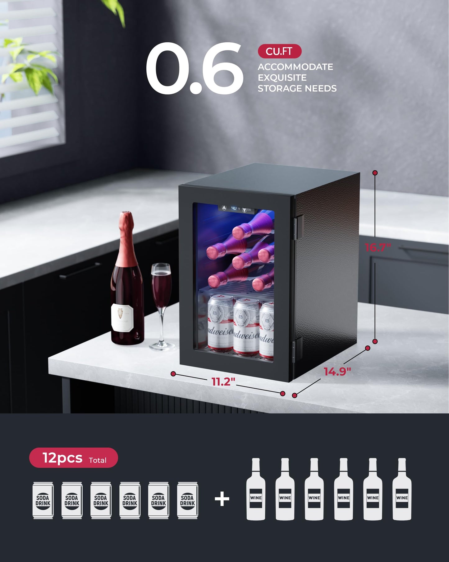 Icyglee Mini Beverage Refrigerator for Wine & Beer 6 Bottles 6 Cans